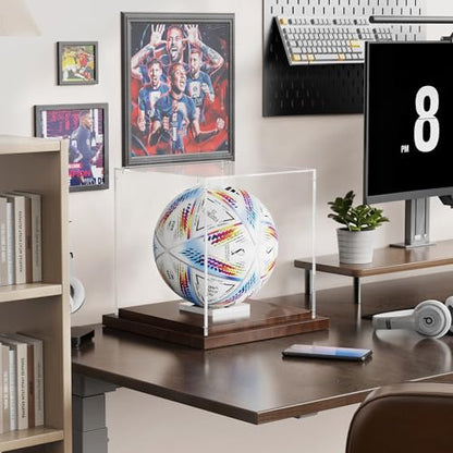 VGMiu Soccer Ball Display Case with Wood Base, Clear Acrylic Display Case Soccer Box with Removable Built-in Ball Holder for Autographed Balls, Sports Collectibles, Memorabilia Displays - size: Soccer Case