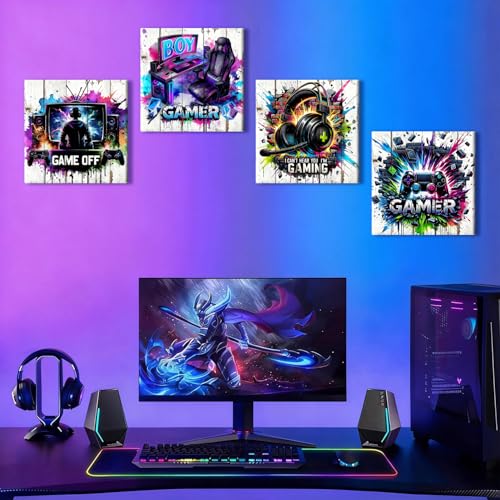 4Pcs Gaming Wall Art Teen Boys Bedroom Decor Neon Game Accessories Poster Cool Graffiti Gamer Prints Wall Decor Controller Headset Video Games Artwork for Teenage Gaming Room Home Decorations 12x12'' - color: Gamer Boy02, size: 12 x 12 in