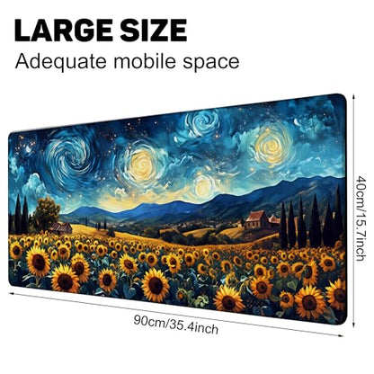Sunflowers Under A Starry Night Sky Gaming Mouse Pad Large Desk Mat Extended Keyboard Anime Mousepad with Non-Slip Base and Stitched Edge for Desk Home Office Gaming,35.4 x 15.7 Inch - color: Sunflowers under A Starry Night Sky, size: 15.7*35.4inch