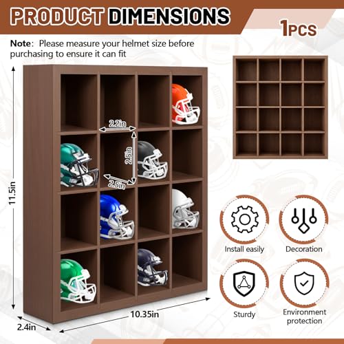 Colingmill 1 Pack Mini Helmet Display Case Pocket Size Football Helmets Wooden Stand Display Cabinet Wall Racks, 11.54"x10.35"x2.4", 4x4 Grid, Black, No Door No Cover(Walnut) - color: Walnut