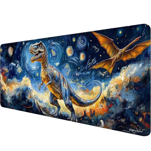 Dinosaur Gaming Mouse Pad Oil Painting Night Sky Dreamy Extended Mousepad Waterproof Stitched Edges Rubber Base Non-Slip Deskmap Computer Keyboard Mat Office Computer Keyboard Laptop 31.5x11.8 Inch - color: Dinosaur, size: 31.5" x 11.8"