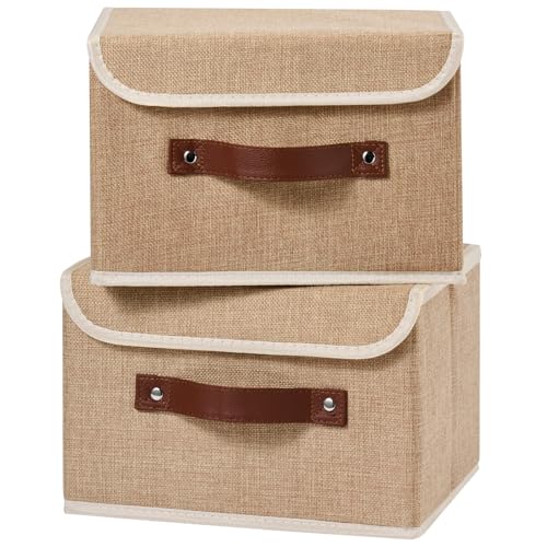 2PCS Storage Boxes with Lid Cotton Linen Fabric Storage Bins Organizer Container Decorative Collapsible Washable Shelf Closet Baskets Faux Leather Handles Home Bedroom (Linen, Small) - color: Linen, size: Small (Set of 2)