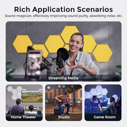 Self-Adhesive Acoustic Panels [390 lbs/yd³ Ultra-High Density], 2nd Generation Sound Absorbing Panel, Professional Level Sound Panel, Polyester Soundproof Foam [Medium Hexagon, Yellow] - color: Yellow, size: Medium Hexagon (12''x10''x0.4'')