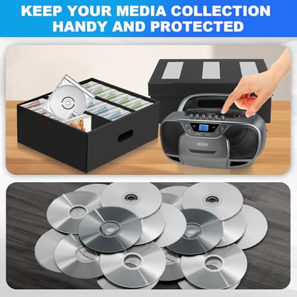 AOBOPLE CD Storage Boxes,5 Pack Stackable CD Organizer Box with Lid,3-Compartment CD Case Holder with Clear Window,Totol Holds 450 Jewel Cases,16.22 x 12.48 x 5.91 inches Cardboard Media Storage - style: 5 Pack 3 Compartment