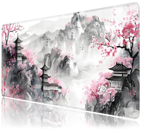 Japanese Cherry Blossom Large Mouse Pad,Gaming Keyboard Desk Pad,Extended Mouse Mat Non-Slip Rubber Base with Stitched Edges for Office Game Home XXL 35.4"x15.7" - color: Cherry Blossom, size: 35.4L x 15.7W inches