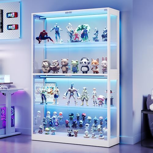 AMERLIFE RGB Display Cabinet with Adjustable Glass Shelves, 4-Tier Storage Display Case with LED Lights, Press-to-Open Glass Doors, Modern Collectibles Cabinet, White 70" H x 45" L x 16" D - color: White, size: 45×16×70in