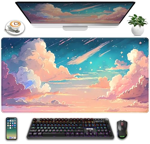 Cool Pink Desk Mat Pastel Clouds Large XXL Gaming Mouse Pad Non-Slip Rubber Base Mousepad, Office Desktop Decor Desk Pad, Computer Laptop Keyboard and Mouse Mat with Stitched Edges, 31.5x15.75 in - color: Pastel Pink Clouds