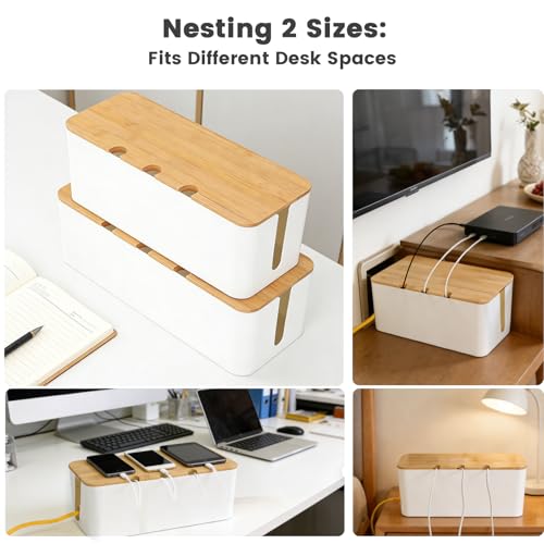 2 PCS Large Cable Management Box – Wooden Style Cord Organizer and Cover for TV Wires, Computer, Router, USB Hub and Under Desk Power Strip – Safe ABS Material