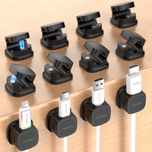 12 Pack Cable Management Cord Organizer,Magnetic Cable Clips-1s Lock,Rocoren Desk Adhesive Cord Cable Clip Wire Holder Keeper for Phone Charger Wire,Nightstand,Car,Office,Desktop Accessory,Black - color: 12-Black