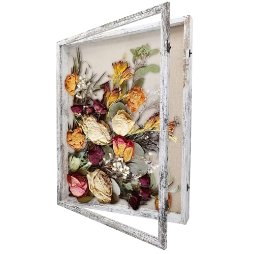 GraduationMall 18x24 Wood Shadow Box Frame Glass Door Display Case with Linen Back and 6 Stick Pins,1.5 inches Interior Depth,Ideal for Memorabilia Pictures Flowers Medals Tickets Rustic White - color: Rustic White, size: 18x24