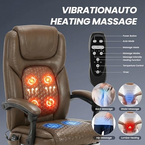 MALOL Massage Office Chair with 3-Level Heat and Footrest – 20-Min Easy Assembly, 300 lbs Big and Tall Reclining Desk Chair, PU Leather Ergonomic Executive Computer Chair with Side Pocket, Brown - color: Brown, size: Set of 1, style: Modern