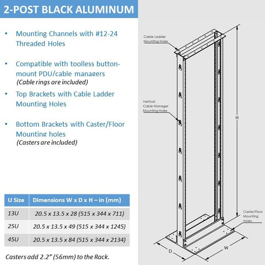 Aeons 13U 2 Post Open Frame Server Network Relay Rack for 19 Inch Networking Data & IT Devices A/V Equipment, Durable 2-Post Rack 13 U Aluminum Extrusion, Black - style: 13U-2Post-AL