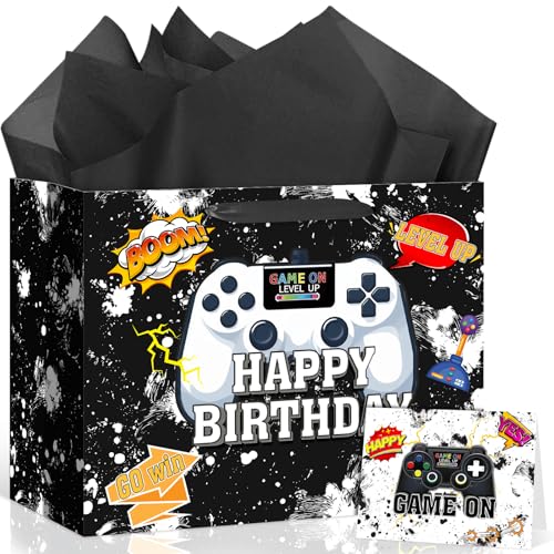 Game Theme Birthday Party Supplies Video Game Birthday Gift Bag with Wrapping Paper and Card Black White Gaming Decorations Gamer Wrapping Paper Bag for Boys Girls Men Women Game Theme Party Decor - color: Black White