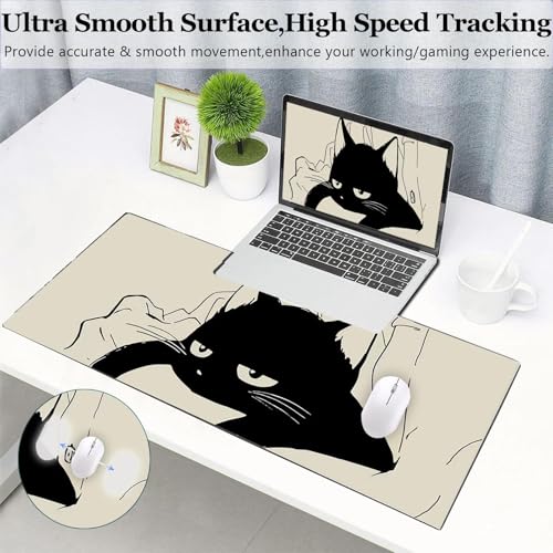 Gaming Mouse Pad XL Extended Anime Mouse Pad 31.5x11.8 inch, Large Cute Kawaii Big Computer Mouse Mat Desk Pad with Non-Slip Rubber Base and Stitched Edge for Home Office-Black Cat - color: Black Sleeping Cat, size: 31.5L x 11.8W inches