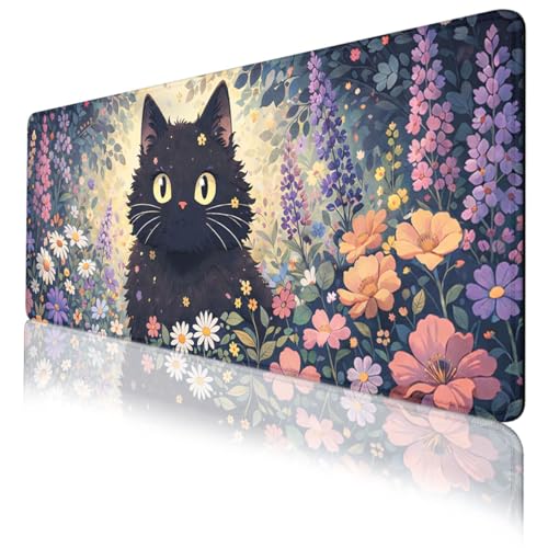 Cute Black Cat Gaming Mouse Pad Floral Cottagecore Large Desk Mat Waterproof Stitched Edges Rubber Base Non-Slip Deskmap Computer Keyboard Mat Office Computer Keyboard Laptop 31.5"x11.8" - color: Cute Black Cat