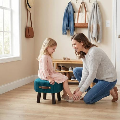 Foot Stools Small, Ottomon with Handle, Velvet Footrest Ottoman | Curved Foot Stool with Padded Seat Wooden Legs, Portable Foot Rest for Living Room, Bedroom, Entryway, (Peacock Blue) - color: Peacock Blue
