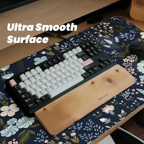 Gaming Mouse Pad, Large 31.5 x 11.8 inches Mousepad, Long Keyboard Pad, Cute Mouse Mat for Computer with Stitched Edges and Non-Slip Base (Black Flowers) - color: Black Flowers