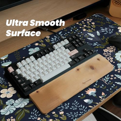 Gaming Mouse Pad, Large 31.5 x 11.8 inches Mousepad, Long Keyboard Pad, Cute Mouse Mat for Computer with Stitched Edges and Non-Slip Base (Black Flowers) - color: Black Flowers