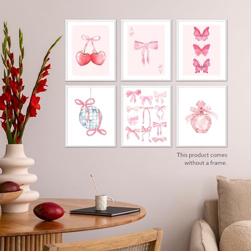 Isfvqyub Preppy Hot Pink Bow Wall Art, Aesthetic Coquette Butterfly Poster For Girl Women, Trendy Girly Cherry Disco Ball Wall Decor For Bedroom Dorm College Apartment, Set Of 6 -A10 - size: Hot Pink Butterfly