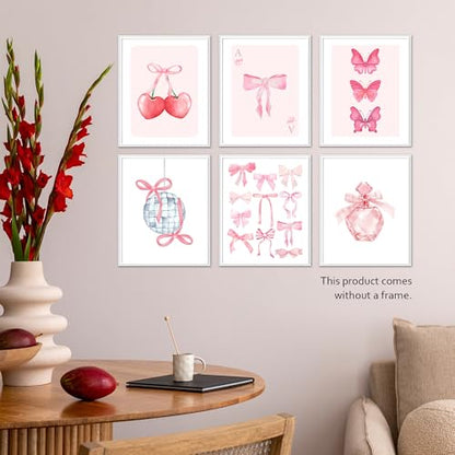 Isfvqyub Preppy Hot Pink Bow Wall Art, Aesthetic Coquette Butterfly Poster For Girl Women, Trendy Girly Cherry Disco Ball Wall Decor For Bedroom Dorm College Apartment, Set Of 6 -A10 - size: Hot Pink Butterfly