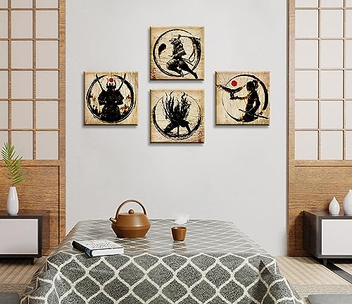 Japanese Decor Wall Art Retro Japanese Armored Samurai Painting Anime Posters Canvas Pictures Office Vintage Black Asian Modern Living Room Bedroom Artwork Framed Ready to Hang 12"X12"X4 Panels - color: Samurai