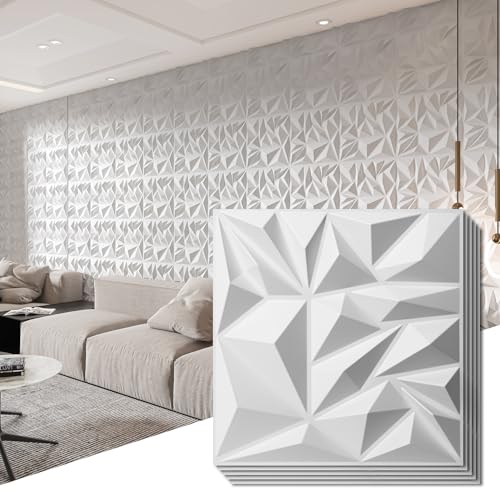 Art3d 50-Pack 3D Wall Panels for Interior Wall Decor, Modern Diamond Textured Accent Wall Paneling for Gaming Living Room TV Wall Background, 12 x 12 inch White - color: White, size: 12x12 Inch 50 pcs