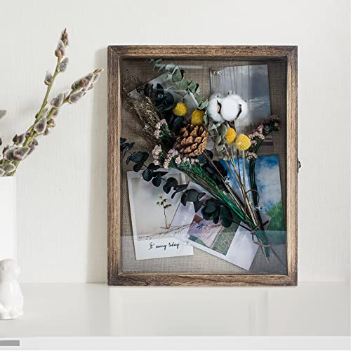 GraduationMall 11x14 Shadow Box Frame Solid Wood Glass Door Display Case with Linen Back and 6 Stick Pins,1.5 inches Interior Depth,Ideal for Memorabilia Pictures Flowers Medals Tickets - color: Carbonized Black, size: 11x14