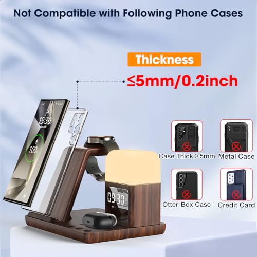 Wireless Charger for Samsung/Android, 6 in 1 Phone Nightstand Charging Station Charger with Alarm Clock/Night Light for Samsung S26/S25/S24 Ultra/Buds4,Watch Charger for Galaxy Watch 8/7/6/5 - color: Woodgrain