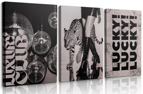 3Pcs Black Trendy Leopard Wall Art Fashion Cheetah Posters Funky Disco Ball Pictures Lucky Vintage Preppy Canvas Prints Luxury Aesthetic Wall Decor for Girly Bedroom Apartment Dorm(16x24in Canvas) - color: black-k, size: 16L" x 24W"