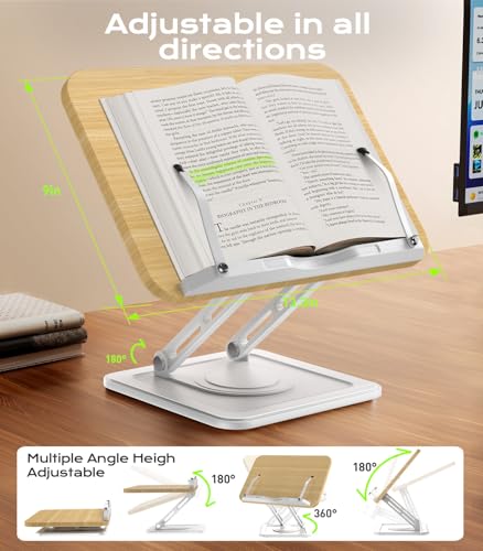 Book Stand for Reading, Adjustable Book Holder with 360°Rotating Bases, Ergonomic Cookbook Stand Recipe Book Holder with Elastic Page Clips for Magazines, Tablets, Laptops,White - color: White