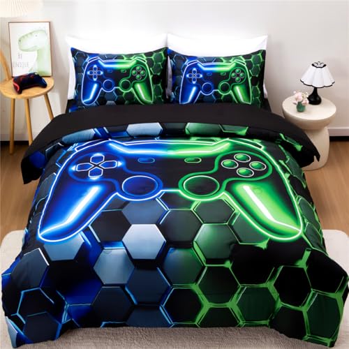 NTBED 3D Gaming Comforter Set for Boys Kids Teens,5pcs Gamer Bedding Sets with Sheet,Game Console Bed in a Bag (Blue Green, Full) - color: Green Blue, size: Full
