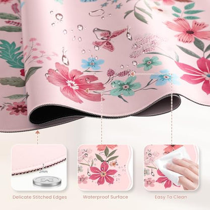 HAOCOO Desk Pad Mat, Pink Scalloped Desk Pad, Computer Desk Mat, Non-Slip Desk Pad for Keyboard and Mouse, Large Desk Mouse Pad with Egde Stitched, Waterproof Floral Keyboard Mat for Office (Hot Pink) - color: Hot Pink Wave
