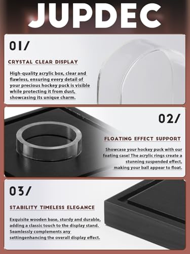 JupDec Hockey Puck and Collectibles Display Case, Premium Acrylic Clear Box Puck Holder with Mahogany Wood Base, Showcase for Autographed Souvenir Memorabilia, Collectible Figure Stand, Black - size: 1 Pack