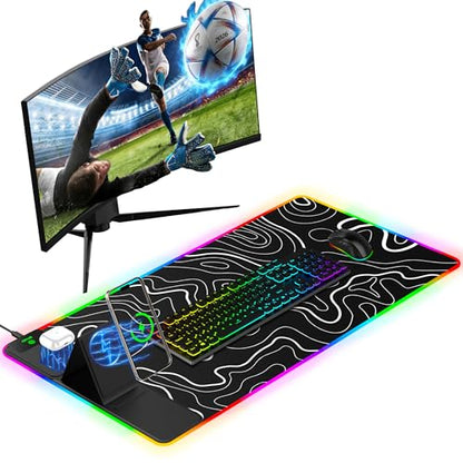 Mouse Pad with Foldable Phone Holder & Wireless Charger, XXL RGB Gaming Mousepad 31.5"x15.8" Large Desk Mat for Keyboard, 11 Colors 5 Modes - color: Topographic-Phone Holder-31.5"x15.8"