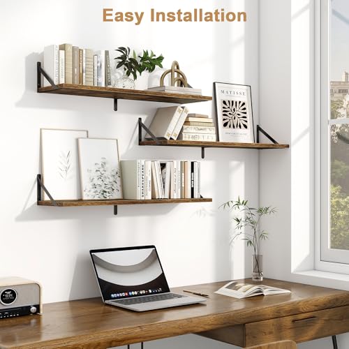 Fun Memories Floating Shelves for Wall, 36 Inches Long Set of 3 Wall Shelves for Bedroom, Floating Bookshelves with Metal Brackets for Living Room, Kitchen, Bedroom and Laundry Room (Rustic Brown) - color: Rustic Brown, size: 36"W x 8"D