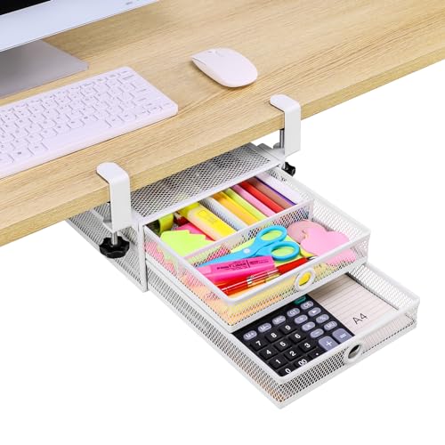 ROSYLINE Under Desk & Desktop Drawer Organizer, 2-Tier Big Capacity (White) | Steel Construction, Clip-On No Drill Installation, Fits A4 Paper, for Office & Household Supplies - color: Pure White