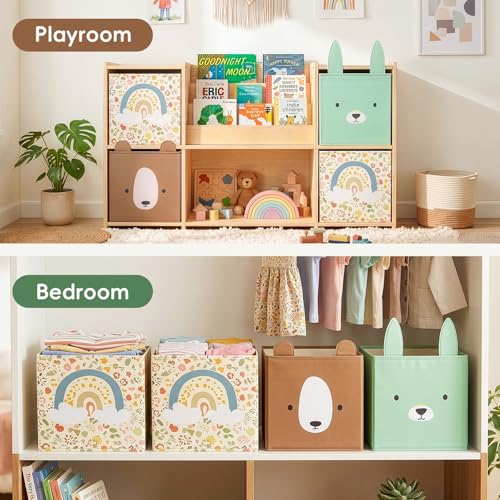 OOOK 4 Pack Foldable Fabric Storage Bins, 11.4" x 10.6" x 11.8" Cute Storage Box, Closet Organizers for Bedroom, Nursery, Shelves & Cube Storage Shelving Units (Bear, Rabbit, Rainbow Pattern)