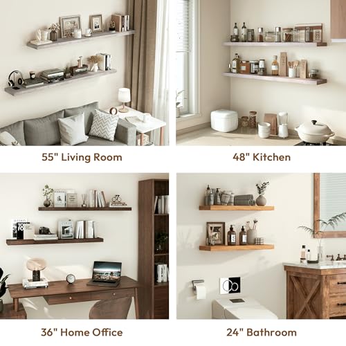 Flat Edge Elm Wood Floating Shelf with Invisible Bracket 55”American Walnut - color: American Walnut, size: 55”,set of 1