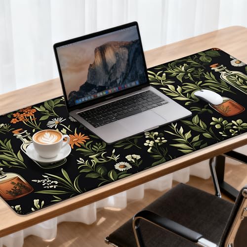 Wildflower Leaves and Bottles Gaming Mouse Pad 35.4 x 15.7 Inches with Non-Slip Rubber Base, Smooth Cloth Surface Desk Keyboard Mat for Computer, PC, Laptop, Desktop - color: Wildflower Leaves and Bottles