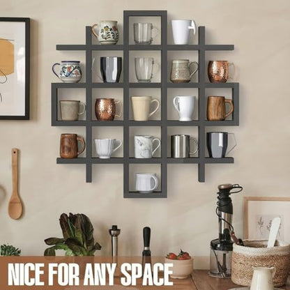 Suzile Oversize Coffee Mug Display Rack Wooden Display Shelves Rustic Wooden Floating Curio Shelf Travel Wall Mounted Coffee Mug Rack Holder Shadow Box Shelf (Grid Size 5.1x5.1x3in,Grey) - color: Grey