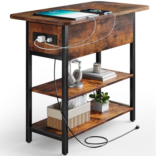 Yoobure End Table with Charging Station, Flip Top Side Table with USB Ports and Outlets, Sofa Couch Table Bedside Table for Living Room Bedroom, Narrow Nightstand with Storage Shelves for Small Space - color: Berry Brown