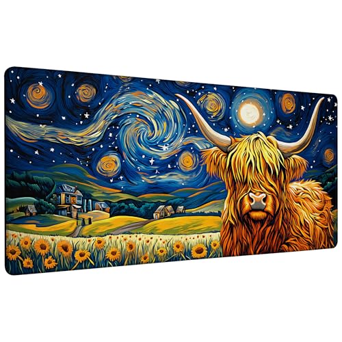 Highland Cow Starry Night Gaming Mouse Pad Large Desk Mat Extended Keyboard Anime Mousepad with Non-Slip Base and Stitched Edge for Desk Home Office Gaming,35.4 x 15.7 Inch - color: Highland Cow Starry Night, size: 15.7*35.4inch