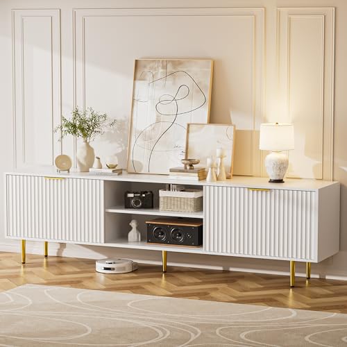 70'' Fluted TV Stand, Mid-Century Modern TV Console for 65/70/75/80 Inch TV, Wood Entertainment Center with Storage, Sliding Doors, Adjustable Shelves and Media Console for Living Room, Bedroom, White - color: White, size: 70.8"