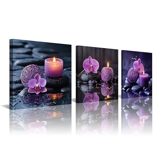NAN Wind 3PCS Zen Canvas Wall Art Purple Orchid Spa Decor Aromatherapy Candle Black Stone Prints Modern Meditation Room Decor Bathroom Yoga Studio Wall Pictures Relaxing Home Artwork Ready to Hang - color: Serenity in Purple, size: 12X12inchX3pcs