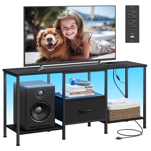 SONGMICS BELLAH Collection - TV Stand for TVs Up to 55 Inches, Media Console Table and Entertainment Center Unit for Living Room, with Shelves and Drawer, Steel, Modern, Ink Black ULGS031B101S - color: Ink Black, size: 11.8"D x 44.8"W x 23.6"H