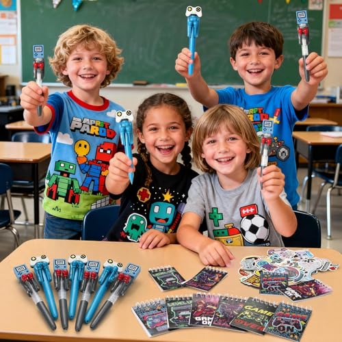 74pcs Video Game Party Favors for Kids Cool Fun Boxing Pens Mini Notebooks Stickers, Gamer Birthday Party Favors Funny Novelty Gifts Gaming Classroom Prizes Goodie Bag Stuffers for Teens Boys Girls