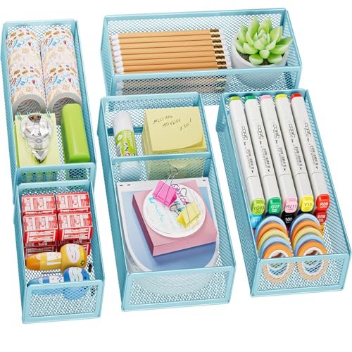 Marbrasse 5 Pack Desk Drawer Organizer Set, Mesh Drawer Storage Trays with 1 Adjustable Divider, Desk Organizers and Accessories, 5 PCS Drawer for Office Supplies, Makeup & Vanity (Blue) - color: Blue