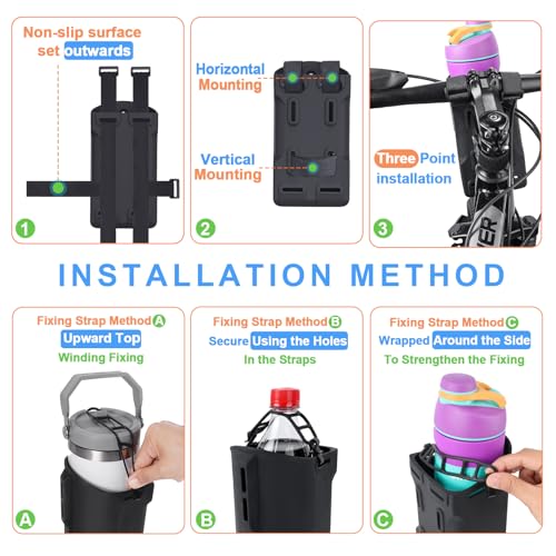 12-40oz Silicone Bike Water Bottle Holder with Removable Non-Slip Straps, Multi-Holes Installing Bike Cup Holder Water Bottle Holder for Mountain Bike, eBike, Scooter - Black - color: Silicone, Black