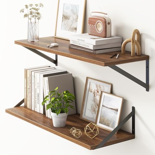 10 Inch Deep Floating Shelves, Walnut Floating Shelves 30 Inch Long, Rustic Wood Wall Shelves 30"W x 10"D, Deep Floating Shelf with Bracket, Wide Storage Shelves for Books, Living Room, Bathroom - color: Walnut, size: 30"W x 10"D