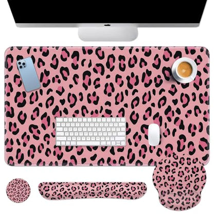 Arttown Leopard Desk Mat Pink and Black Leopard Mouse Pad Set 4 in 1 Ergonomic Design Large Mouse Pad + Keyboard Wrist Rest + Mouse Wrist Rest + Coaster Suitable for Home Office Study Game - color: Pink Black Leopard